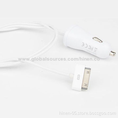 Car Charger, 5V/1A Output with 30-pin Connector, Made of Fire-proof Material